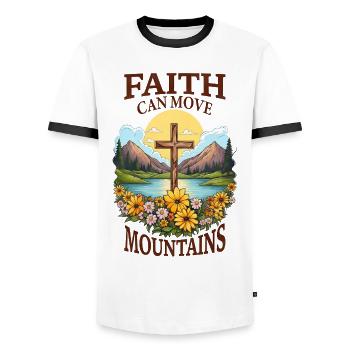 Faith can move Mountains Christian Quotes Jesus - Men's Ringer Shirt - white/black - Front - AI Model Female 172 light (172cm) & AI Model Male 178 dark (178cm)