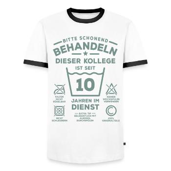 10 years of service - Treat gently - colleague - Men's Ringer Shirt - white/black - Front - AI Model Female 172 light (172cm) & AI Model Male 178 dark (178cm)