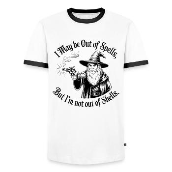 Aus den Zaubern, aber nicht aus den Hüllen - Cool Wizard - Männer Kontrast-T-Shirt - Weiß/Schwarz - Vorne - AI Model Female 172 light (172cm) & AI Model Male 178 dark (178cm)