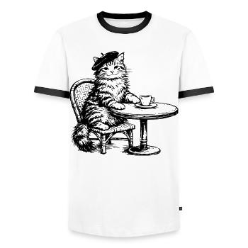 Chat avec béret dans un café au design rétro - T-shirt contrasté Homme - blanc/noir - Devant - AI Model Female 172 light (172cm) & AI Model Male 178 dark (178cm)