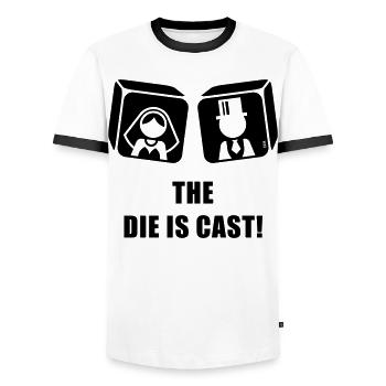 The Die Is Cast! (Stag Party Wedding Game Over, B) - Men's Ringer Shirt - white/black - Front - AI Model Female 172 light (172cm) & AI Model Male 178 dark (178cm)
