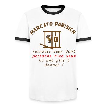 Mercato_parisien_recruter - T-shirt contrasté Homme - blanc/noir - Devant - AI Model Female 172 light (172cm) & AI Model Male 178 dark (178cm)