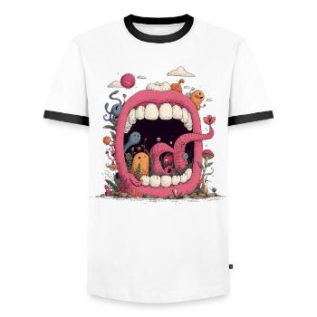 Pink Mouth World with Creatures - Men's Ringer Shirt - white/black - Front - AI Model Female 172 light (172cm) & AI Model Male 178 dark (178cm)
