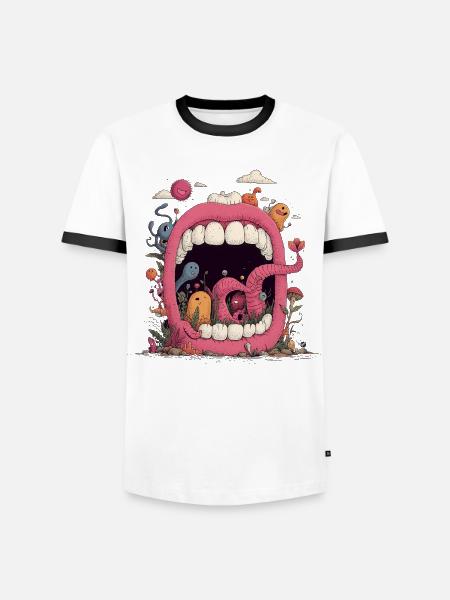 Pink Mouth World with Creatures - Men's Ringer Shirt - white/black