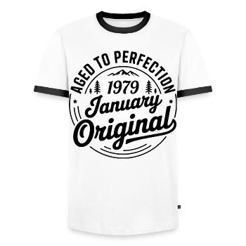 janvier 1979 – Légende des sommets et montagnes - T-shirt contrasté Homme - blanc/noir - Devant - AI Model Female 172 light (172cm) & AI Model Male 178 dark (178cm)