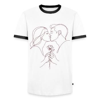 I Love You - Valentine's Day | Kiss line with rose - Men's Ringer Shirt - white/black - Front - AI Model Female 172 light (172cm) & AI Model Male 178 dark (178cm)
