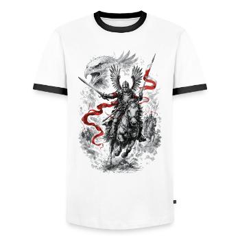 Polnischer Geflügelter Husarenkampfgeist - Männer Kontrast-T-Shirt - Weiß/Schwarz - Vorne - AI Model Female 172 light (172cm) & AI Model Male 178 dark (178cm)