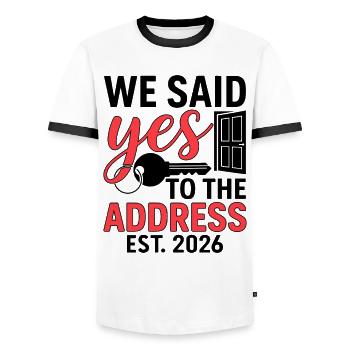 We Said Yes to The Address 2026 - T-shirt contrasté Homme - blanc/noir - Devant - AI Model Female 172 light (172cm) & AI Model Male 178 dark (178cm)