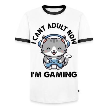 Je ne peux plus être adulte maintenant, je joue drôle, gamer chat - T-shirt contrasté Homme - blanc/noir - Devant - AI Model Female 172 light (172cm) & AI Model Male 178 dark (178cm)