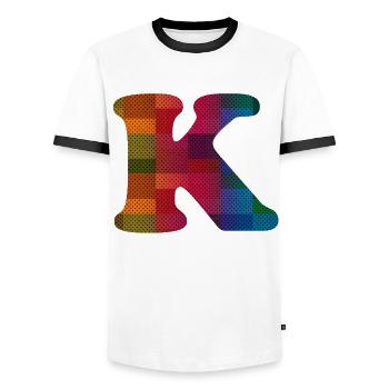 Buchstabe K - Männer Kontrast-T-Shirt - Weiß/Schwarz - Vorne - AI Model Female 172 light (172cm) & AI Model Male 178 dark (178cm)