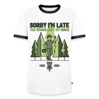 Désolé pour le retard Les bois ont gardé mes disques Disc golf - T-shirt contrasté Homme - blanc/noir - Devant - AI Model Female 172 light (172cm) & AI Model Male 178 dark (178cm)