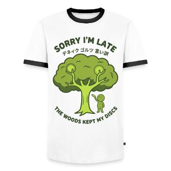 Désolé pour le retard Les bois ont gardé mes disques Disc golf - T-shirt contrasté Homme - blanc/noir - Devant - AI Model Female 172 light (172cm) & AI Model Male 178 dark (178cm)