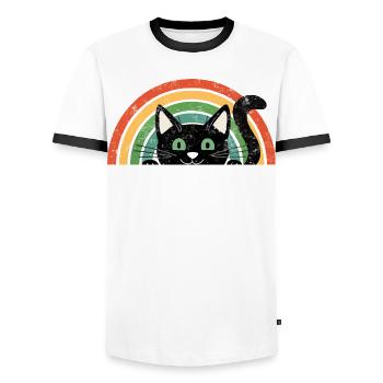 Black Cat in Rainbow Retro Rainbow Cats - Men's Ringer Shirt - white/black - Front - AI Model Female 172 light (172cm) & AI Model Male 178 dark (178cm)