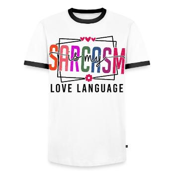 Sarcasm is my Love Language - Men's Ringer Shirt - white/black - Front - AI Model Female 172 light (172cm) & AI Model Male 178 dark (178cm)