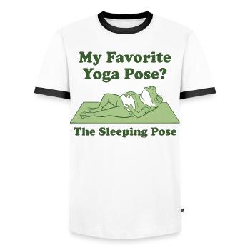 My Favorite Yoga Pose - Sleeping Frog - Men's Ringer Shirt - white/black - Front - AI Model Female 172 light (172cm) & AI Model Male 178 dark (178cm)