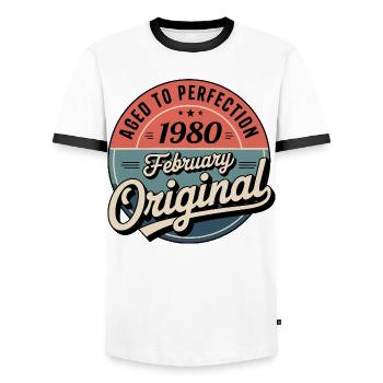 Anniversaire 1980 Février 1980 né en Février 1980 - T-shirt contrasté Homme - blanc/noir - Devant - AI Model Female 172 light (172cm) & AI Model Male 178 dark (178cm)