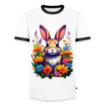 A rabbit or rabbit among colorful flowers - Men's Ringer Shirt - white/black - Front - AI Model Female 172 light (172cm) & AI Model Male 178 dark (178cm)