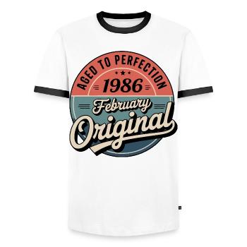 Anniversaire 1986 Février 1986 né en Février 1986 - T-shirt contrasté Homme - blanc/noir - Devant - AI Model Female 172 light (172cm) & AI Model Male 178 dark (178cm)