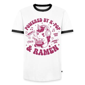 Powered By K-Pop And Ramen Kpop Anime Unicorn - Men's Ringer Shirt - white/black - Front - AI Model Female 172 light (172cm) & AI Model Male 178 dark (178cm)