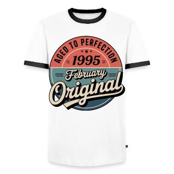 Geburtstag 1995, Februar 1995, geboren im Februar 1995 - Männer Kontrast-T-Shirt - Weiß/Schwarz - Vorne - AI Model Female 172 light (172cm) & AI Model Male 178 dark (178cm)