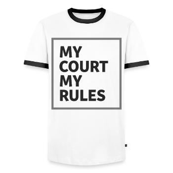 My Court My Rules Padel Tennis Statement - Men's Ringer Shirt - white/black - Front - AI Model Female 172 light (172cm) & AI Model Male 178 dark (178cm)