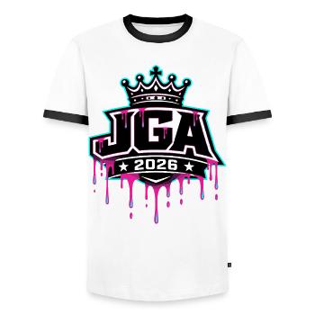 JGA 2026 - Men's Ringer Shirt - white/black - Front - AI Model Female 172 light (172cm) & AI Model Male 178 dark (178cm)
