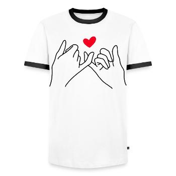Pinky Promise Heart Minimal Line Art Design - Men's Ringer Shirt - white/black - Front - AI Model Female 172 light (172cm) & AI Model Male 178 dark (178cm)