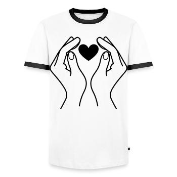 Hands Holding Heart Minimal Line Art Design - Männer Kontrast-T-Shirt - Weiß/Schwarz - Vorne - AI Model Female 172 light (172cm) & AI Model Male 178 dark (178cm)