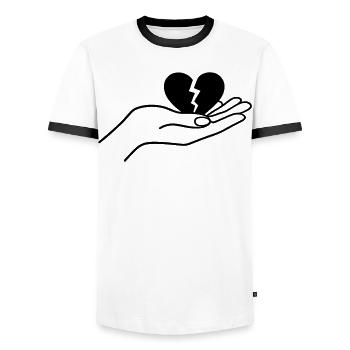Broken Heart In Hand Minimal Line Art Design - Männer Kontrast-T-Shirt - Weiß/Schwarz - Vorne - AI Model Female 172 light (172cm) & AI Model Male 178 dark (178cm)