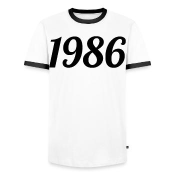 1986 - T-shirt contrasté Homme - blanc/noir - Devant - AI Model Female 172 light (172cm) & AI Model Male 178 dark (178cm)