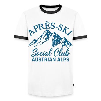 Après Ski Social Club Austrian Alps - Men's Ringer Shirt - white/black - Front - AI Model Female 172 light (172cm) & AI Model Male 178 dark (178cm)