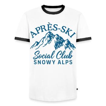 Après Ski Social Club Bernese Alps - Men's Ringer Shirt - white/black - Front - AI Model Female 172 light (172cm) & AI Model Male 178 dark (178cm)