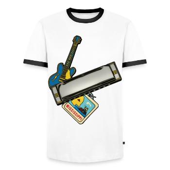 THE BLUES ROAD #1 - sound & vision - Men's Ringer Shirt - white/black - Front - AI Model Female 172 light (172cm) & AI Model Male 178 dark (178cm)
