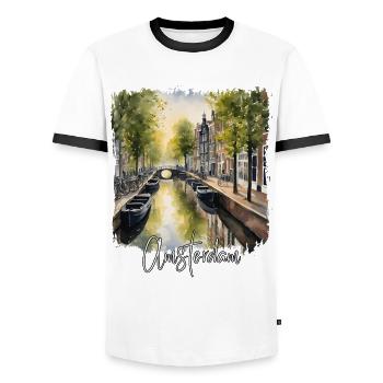 Amsterdam Watercolor, Amsterdam Netherlands - Men's Ringer Shirt - white/black - Front - AI Model Female 172 light (172cm) & AI Model Male 178 dark (178cm)