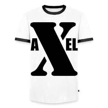 Axel – Conception du Prénom | Typographie minimale - T-shirt contrasté Homme - blanc/noir - Devant - AI Model Female 172 light (172cm) & AI Model Male 178 dark (178cm)
