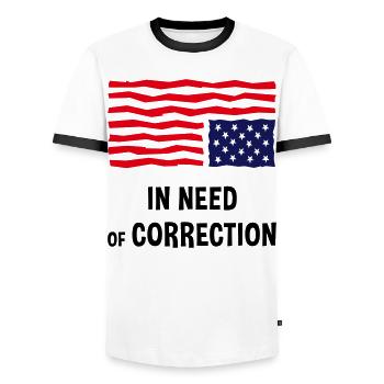 In Need Of Correction (US Flag Upside Down) - Men's Ringer Shirt - white/black - Front - AI Model Female 172 light (172cm) & AI Model Male 178 dark (178cm)