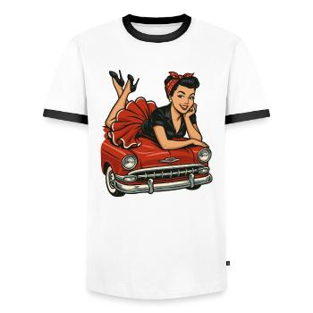 Pin-Up Frau auf Oldtimer: Rockabilly Retro Look - Männer Kontrast-T-Shirt - Weiß/Schwarz - Vorne - AI Model Female 172 light (172cm) & AI Model Male 178 dark (178cm)
