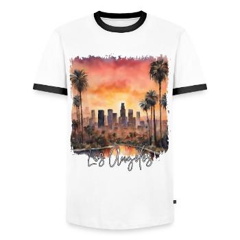 Watercolor of Los Angeles, Los Angeles USA - Men's Ringer Shirt - white/black - Front - AI Model Female 172 light (172cm) & AI Model Male 178 dark (178cm)