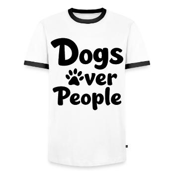 Dogs over People Dog Paw Statement Saying - Men's Ringer Shirt - white/black - Front - AI Model Female 172 light (172cm) & AI Model Male 178 dark (178cm)
