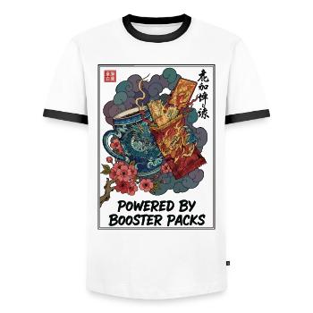 Powered By Booster Packs Trading Card Coffee - Men's Ringer Shirt - white/black - Front - AI Model Female 172 light (172cm) & AI Model Male 178 dark (178cm)