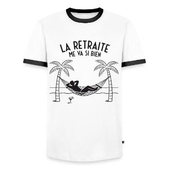 La Retraite me va si bien (texte noir) - T-shirt contrasté Homme - blanc/noir - Devant - AI Model Female 172 light (172cm) & AI Model Male 178 dark (178cm)