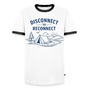 Disconnect to reconnect | Camping Mindfulness - Men's Ringer Shirt - white/black - Front - AI Model Female 172 light (172cm) & AI Model Male 178 dark (178cm)