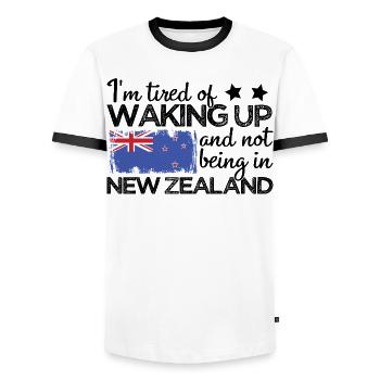 NZ I'm Tired Waking Up Not Being In New Zealand - Men's Ringer Shirt - white/black - Front - AI Model Female 172 light (172cm) & AI Model Male 178 dark (178cm)