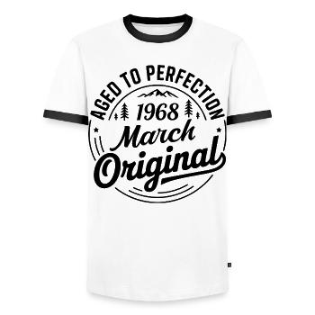 März 1968 – Legende der Gipfel und Berge - Männer Kontrast-T-Shirt - Weiß/Schwarz - Vorne - AI Model Female 172 light (172cm) & AI Model Male 178 dark (178cm)