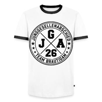 Enterrement de vie de garçon 2026 Équipe de marié - T-shirt contrasté Homme - blanc/noir - Devant - AI Model Female 172 light (172cm) & AI Model Male 178 dark (178cm)