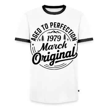 mars 1979 – Légende des sommets et montagnes - T-shirt contrasté Homme - blanc/noir - Devant - AI Model Female 172 light (172cm) & AI Model Male 178 dark (178cm)