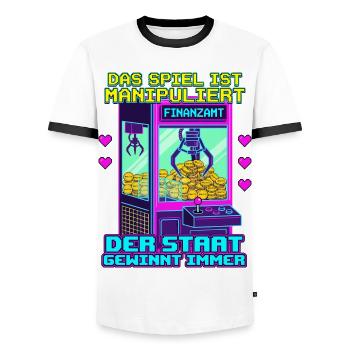 Das Spiel Ist Manipuliert. Greifautomat Finanzamt - Männer Kontrast-T-Shirt - Weiß/Schwarz - Vorne - AI Model Female 172 light (172cm) & AI Model Male 178 dark (178cm)