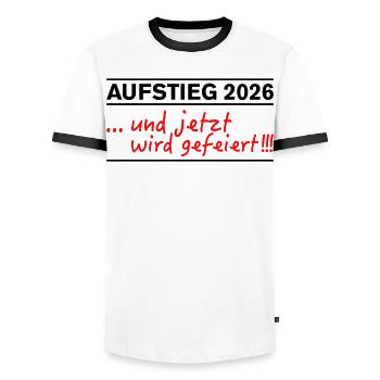 Promoted 2026: Promotion now is celebrated - Men's Ringer Shirt - white/black - Front - AI Model Female 172 light (172cm) & AI Model Male 178 dark (178cm)