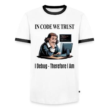 Descartes an der Tastatur – für weißen Hintergrund - Männer Kontrast-T-Shirt - Weiß/Schwarz - Vorne - AI Model Female 172 light (172cm) & AI Model Male 178 dark (178cm)