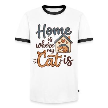 Chez moi, c’est là où est mon chat – motif de chat mignon - T-shirt contrasté Homme - blanc/noir - Devant - AI Model Female 172 light (172cm) & AI Model Male 178 dark (178cm)